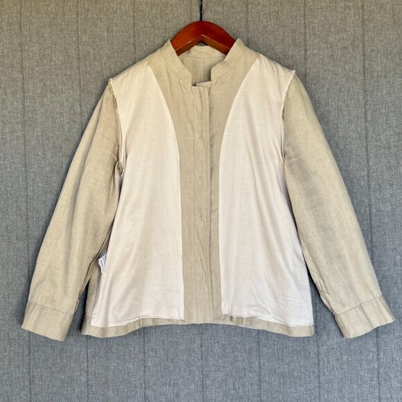 Gerard Darel Paris 100% Linen Oatmeal Light Tan Blazer Utility Jacket Size 14 - Picture 7 of 15